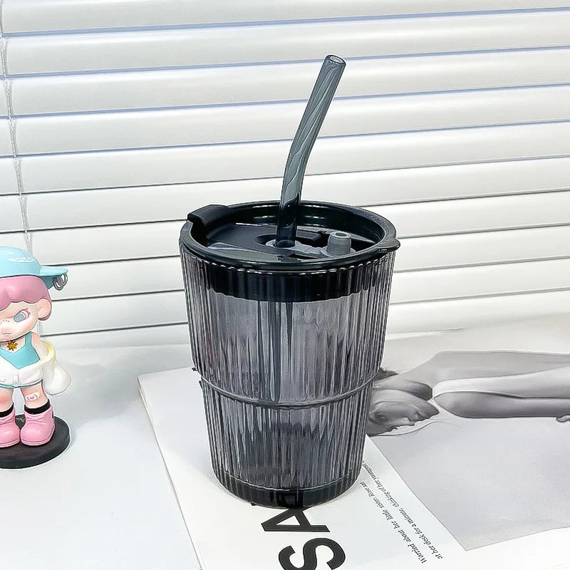 450ml Creative Stripe Glass Cup with Lid & Straw 🥤✨