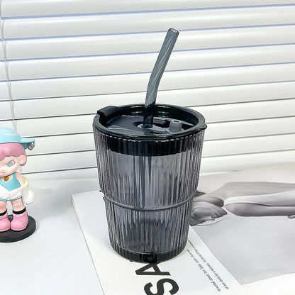 450ml Creative Stripe Glass Cup with Lid & Straw 🥤✨