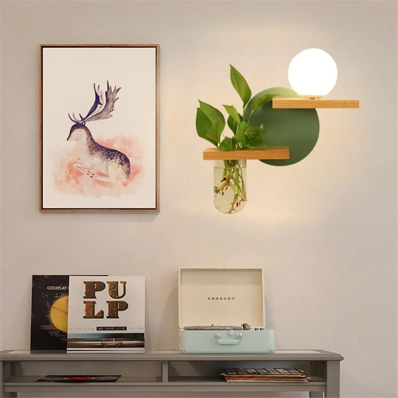 Modern Wooden LED Wall Lamp with Green Plant Design – Nordic Home Decor