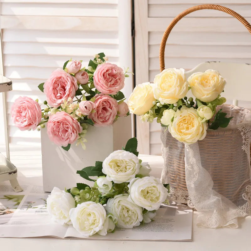 Premium Silk White Peony Artificial Flowers for Home Vase Decor