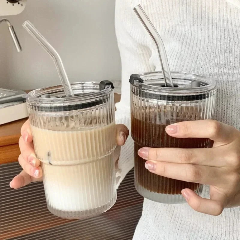 450ml Stripe Glass Cup with Lid & Straw 🥤✨
