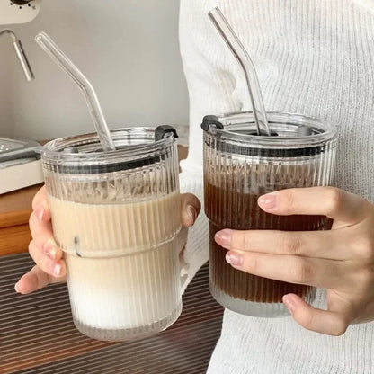 450ml Stripe Glass Cup with Lid & Straw 🥤✨