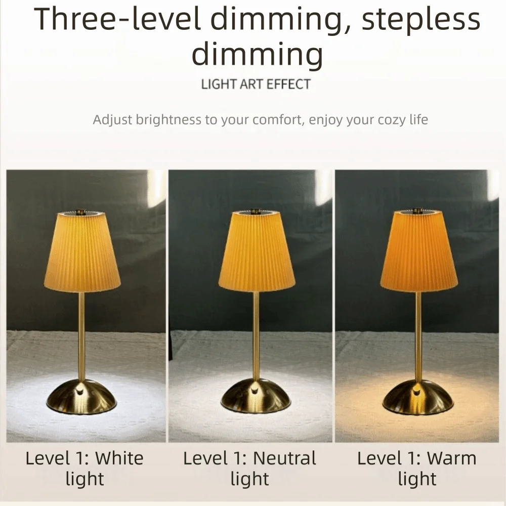 Metal Base Pleated Desk Lamp Fabric Shade Pastoral Style Touch Bedside Lamp Dimmable Wireless Bedside Ambient Light Bedroom