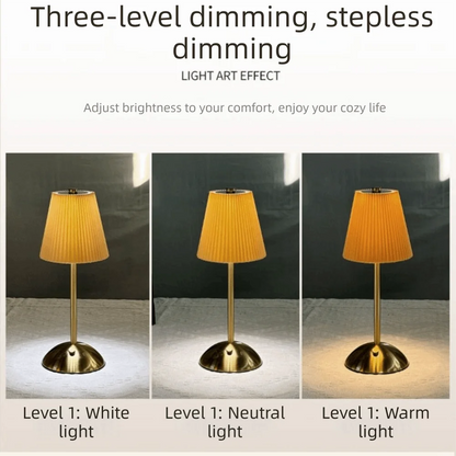 Metal Base Pleated Desk Lamp Fabric Shade Pastoral Style Touch Bedside Lamp Dimmable Wireless Bedside Ambient Light Bedroom