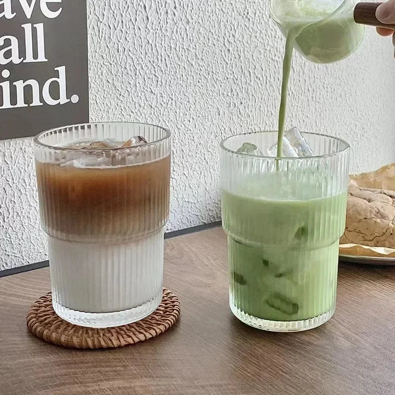 450ml Stripe Glass Cup with Lid & Straw 🥤✨