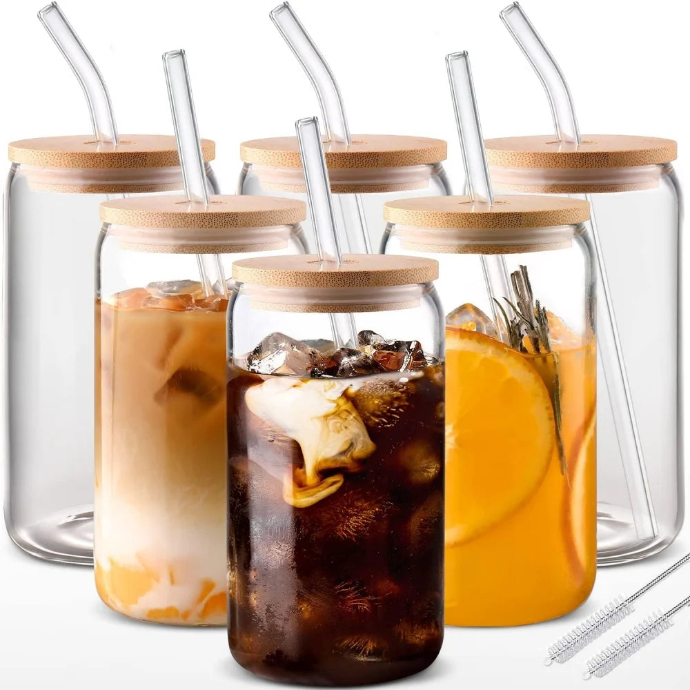 2/4/6pcs Glass Cups 500ml with Spill-Proof Lids And Straws Straw Cleaning Brushes for Hot/Iced BeerCoffee Tea Milk