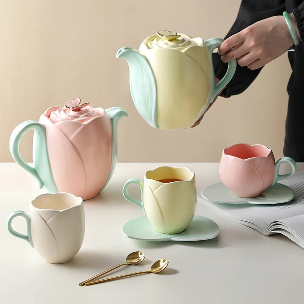 European-Style Tulip Ceramic Milk Tea & Cappuccino Cup Kit