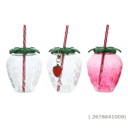 ⚑Strawberry Shaped Plastic Cup With Straw Cute Water Bottle Portable Drinking Cup Beverage Cups For Summer Party Home Use