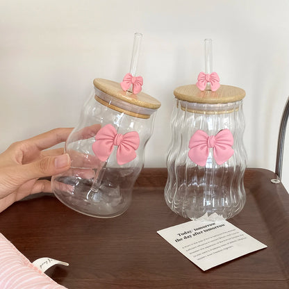 Elegant Bow-Knot Wavy Glass Cup with Lid & Straw 🎀🥤