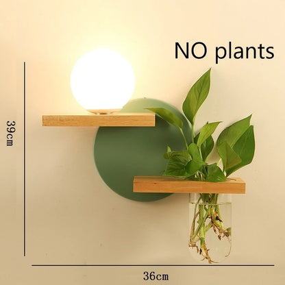 Modern Wooden LED Wall Lamp with Green Plant Design – Nordic Home Decor