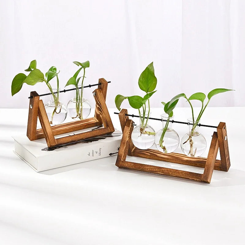 Wooden Frame Hydroponic Glass Vase – Retro Plant Decor