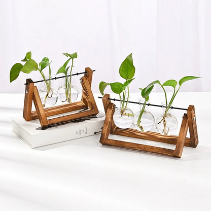 Wooden Frame Hydroponic Glass Vase – Retro Plant Decor