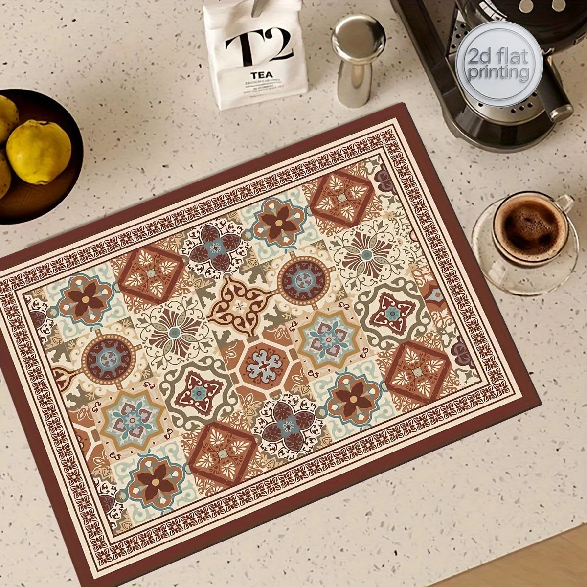 Boho-Chic Espresso Machine Countertop Dish Mat - Absorbent, Non-Slip Rubber Backing, Multi-Use Kitchen &amp; Bathroom Drain Pad, Dia