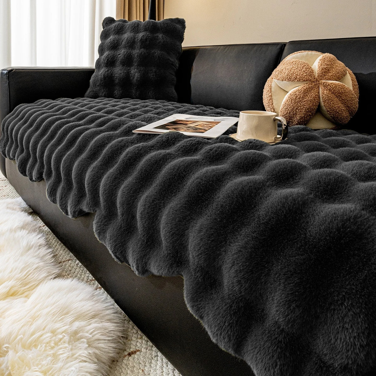 Thicken Imitation Rabbit Fur Plush Sofa Slipcover Non-slip Soft Sofa Towel Couch Cushion Cover for Living Room Modern Home Decor
