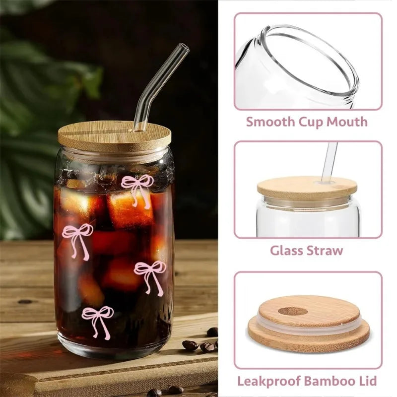 Cute 500ml Bow Glass Cup with Lid and Straw for Iced Coffee
