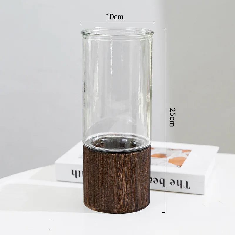 Minimalist Glass Vase with Wooden Base – Modern Hydroponic Plant Decor