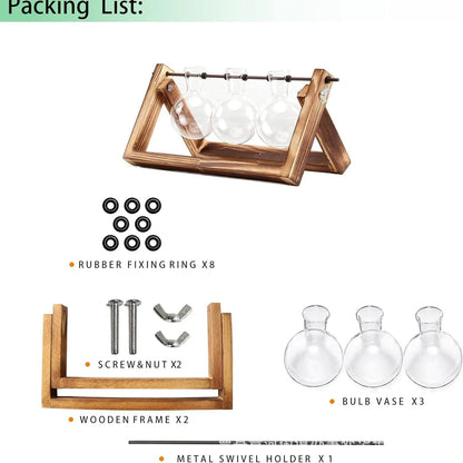 Wooden Frame Hydroponic Glass Vase – Retro Plant Decor