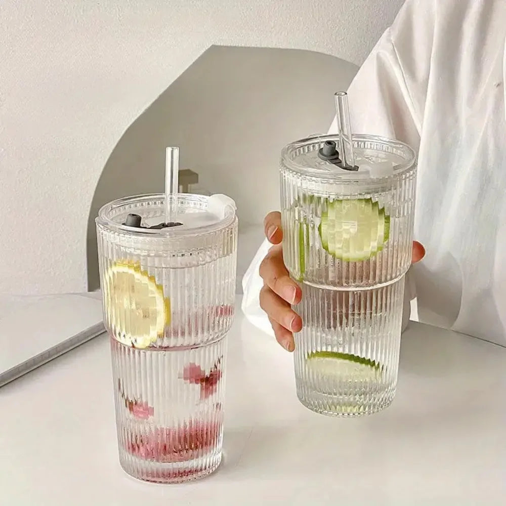 600ml Stripe Glass Cup with Lid & Straw 🥤✨