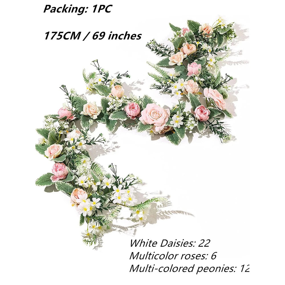 175cm Artificial Rose Flower Vine – Peony &amp; Daisy Floral Garland for Wedding Décor
