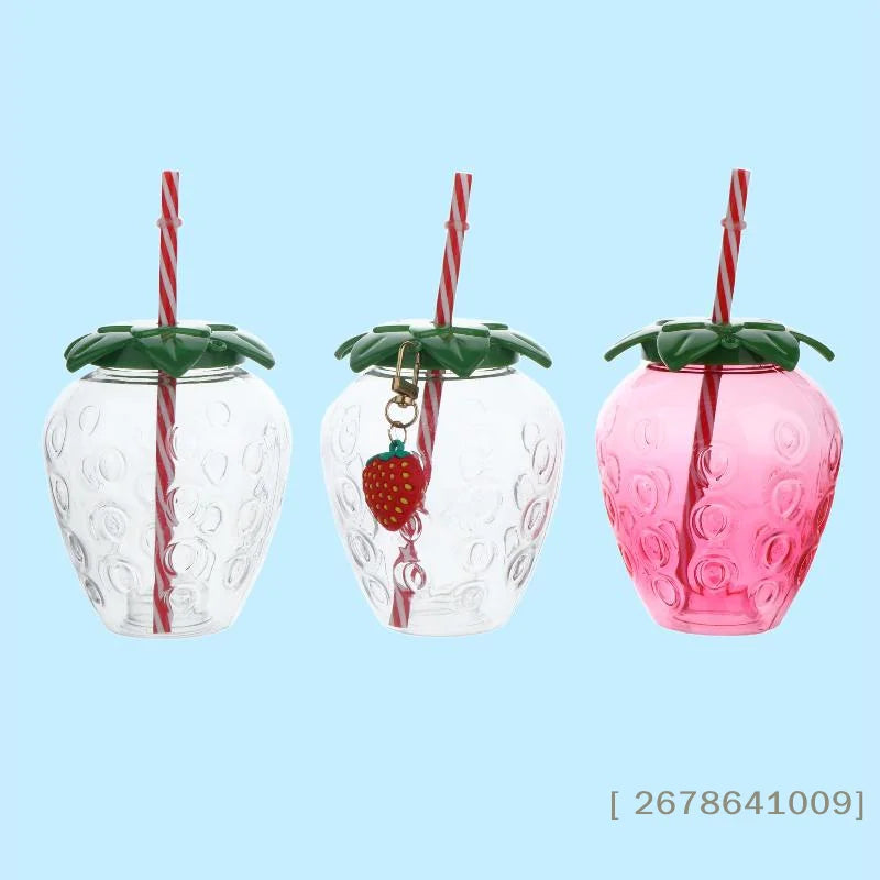 ⚑Strawberry Shaped Plastic Cup With Straw Cute Water Bottle Portable Drinking Cup Beverage Cups For Summer Party Home Use