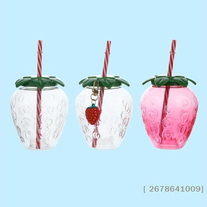 ⚑Strawberry Shaped Plastic Cup With Straw Cute Water Bottle Portable Drinking Cup Beverage Cups For Summer Party Home Use