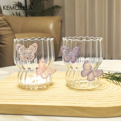 3D Butterfly Striped Glass Coffee Cup 🦋☕