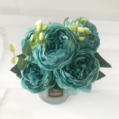 30cm Premium Rose Pink Silk Peony Bouquet (5 Big Heads & 4 Buds)