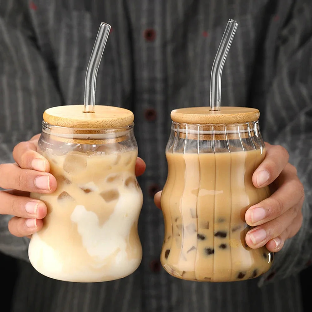 500ml Stripe Glass Cup With Lid and Straw Transparent Glass Mug Iced Coffee Cup Drinking Glasses For Juice Water Cup Drinkware