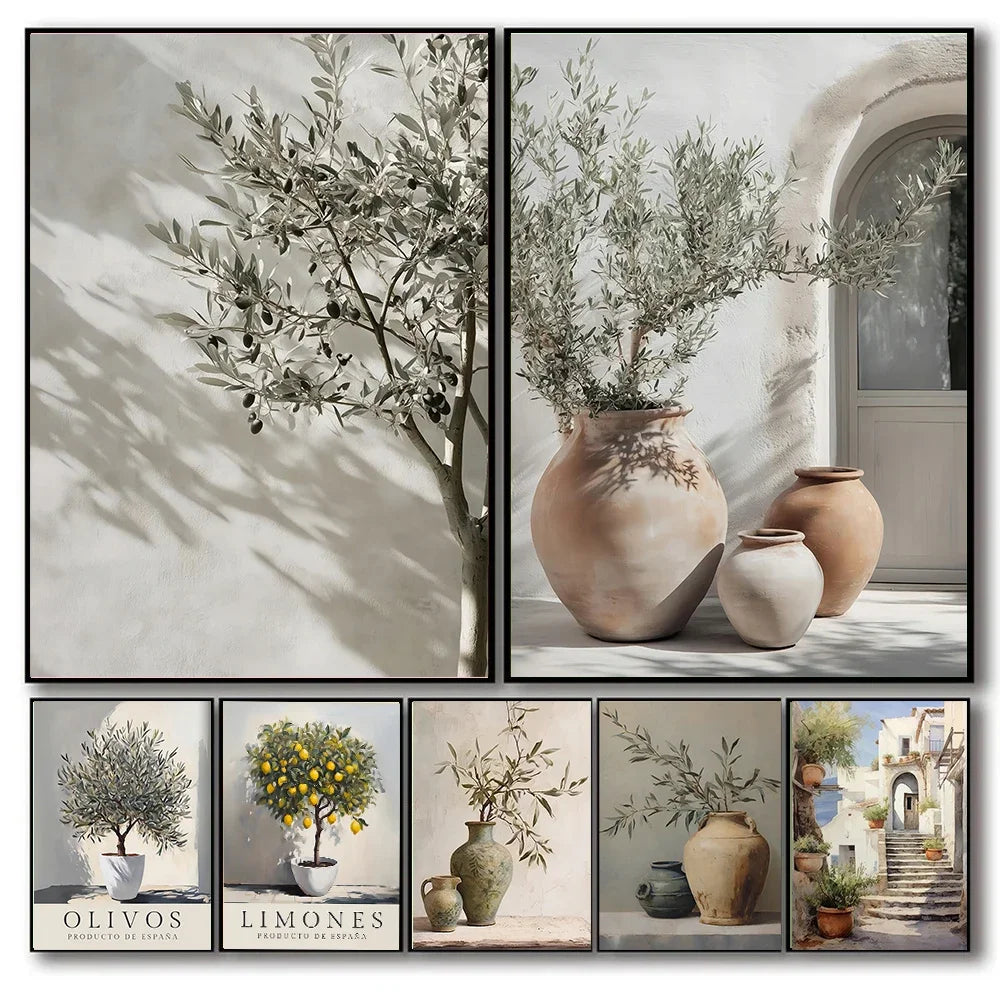 Retro Elegant Olive Tree & Lemon Canvas Wall Art Poster