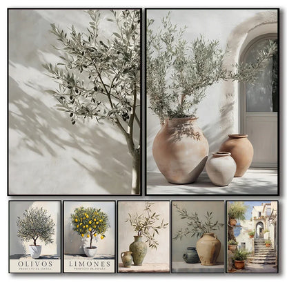 Retro Elegant Olive Tree & Lemon Canvas Wall Art Poster