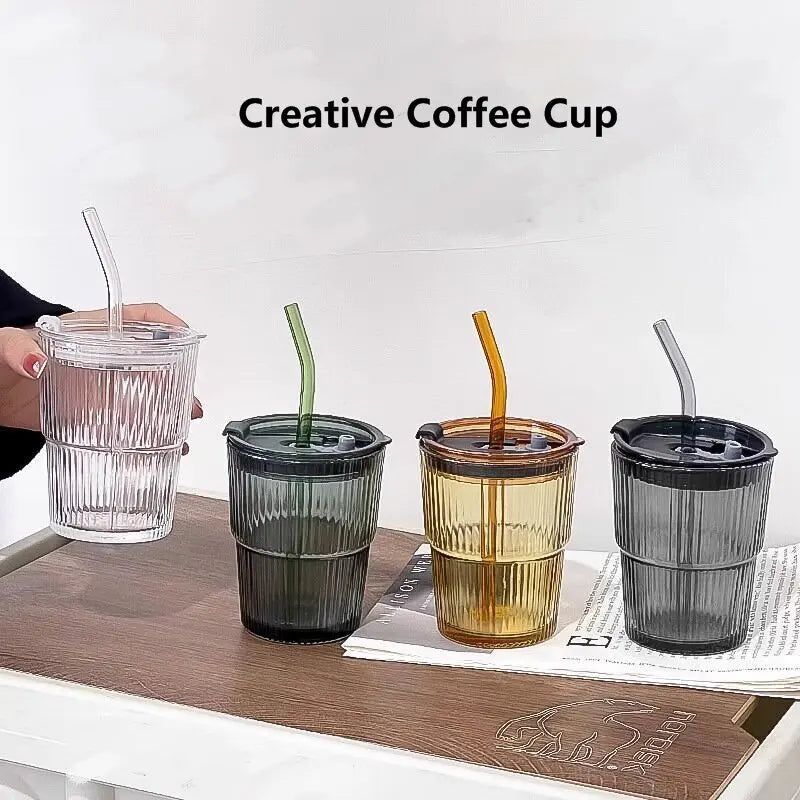 450ml Creative Stripe Glass Cup with Lid & Straw 🥤✨