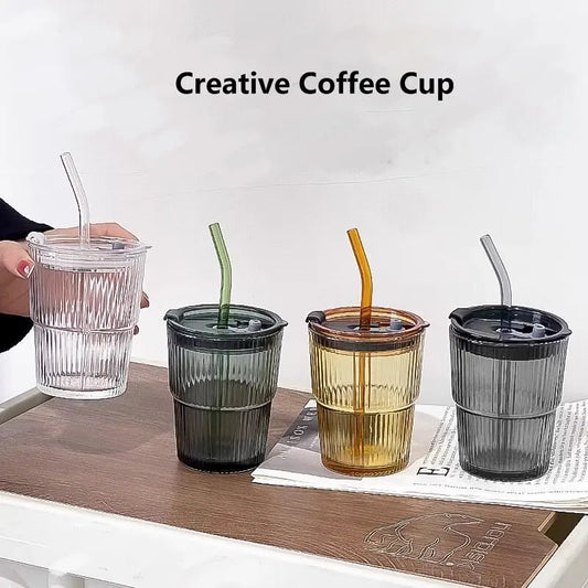 450ml Creative Stripe Glass Cup with Lid & Straw 🥤✨