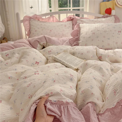 طقم مفروشات سرير بتصميم أميرة كوري مكشكش مكون من 3/4 قطع، مقاسات مفرد ومزدوج وكينج، غطاء لحاف وملاءة سرير وأغطية وسائد