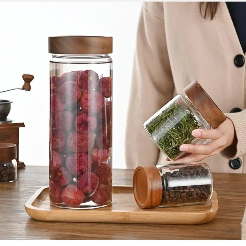 (.) Coffee Beans Sealed Tank Transparent Glass Container With Wood Lid Food Storage Jars Candy Dried Jars Household Organizer