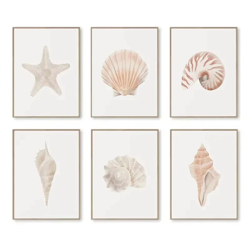 Modern Blue Coastal Shells and Starfish Canvas Poster Set