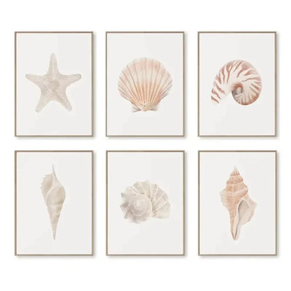 Modern Blue Coastal Shells and Starfish Canvas Poster Set