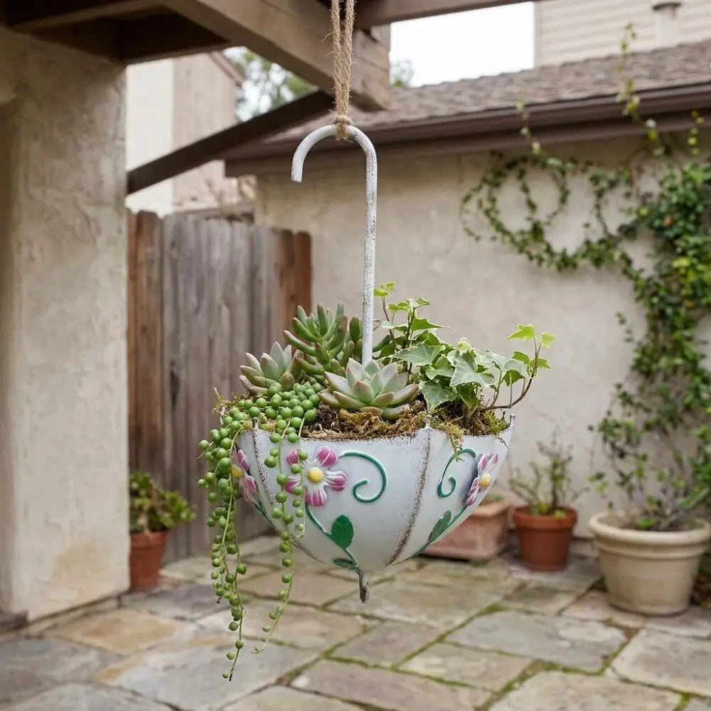 Iron Art Umbrella Shaped Flower Pot Wall Mounted Rustic Style Hanging Plant Planter Large Capacity Funny Plant Container