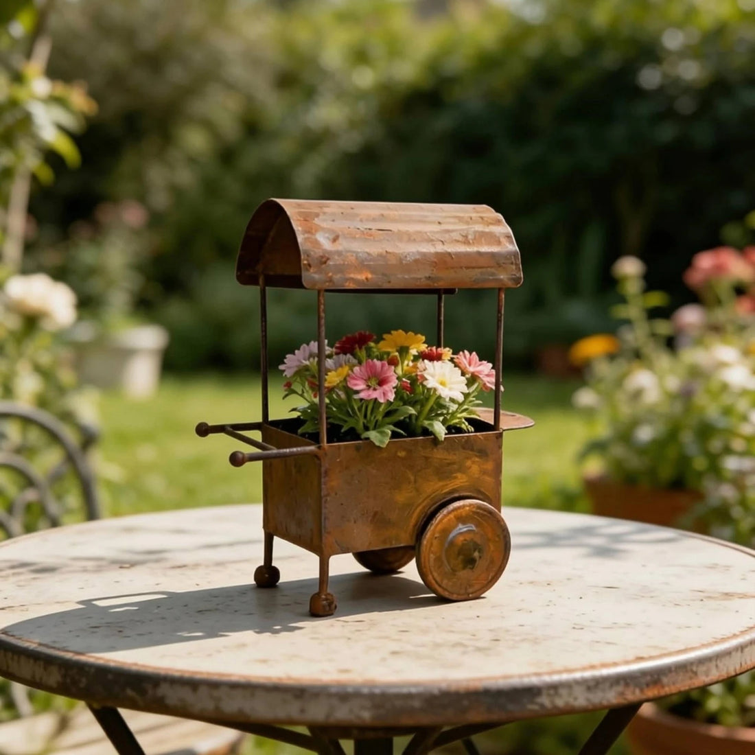 Distressed Metal Wagon Planter Vintage Rustic Iron Planter Flower Wagon Compact Size Plant Holder Cottagecore Aesthetic