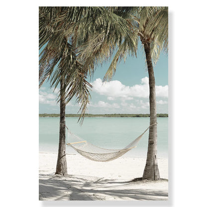 Tropical Beach Ocean Palm Tree & Banana Leaves Canvas Poster