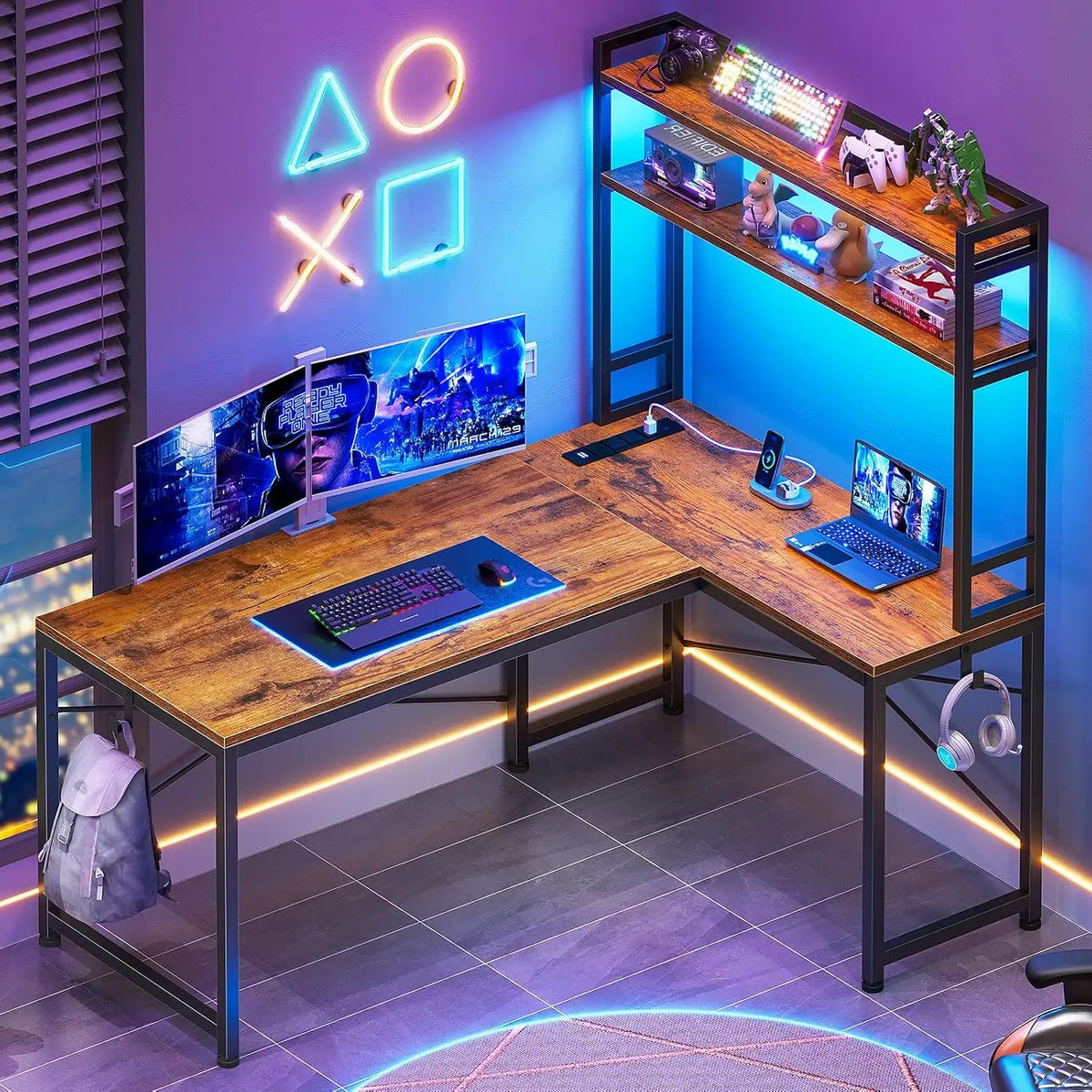 L Shaped Desk with Hutch, 45.3" Reversible Home Office Gaming Desk with LED Lights, Power Outlet, Storage &amp; Hooks for Small Spac