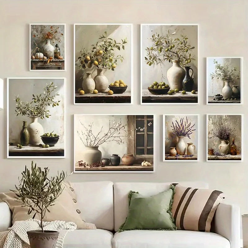 Retro Still Life Lemon & Olive Tree Frameless Canvas Poster