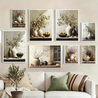 Retro Still Life Lemon & Olive Tree Frameless Canvas Poster