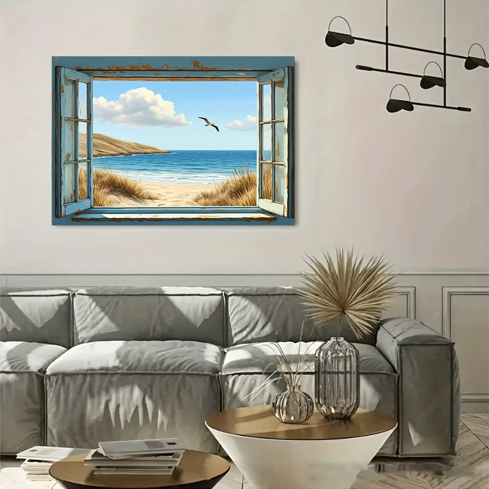 Ocean View Through Rustic Window Unframed Canvas Poster