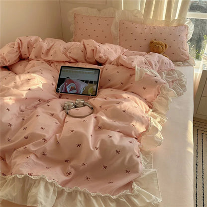 3/4Pcs Korean Princess Style Bow Ruffles Bedding Set Single Queen King Size Duvet Cover Set Bed Sheet Pillowcases