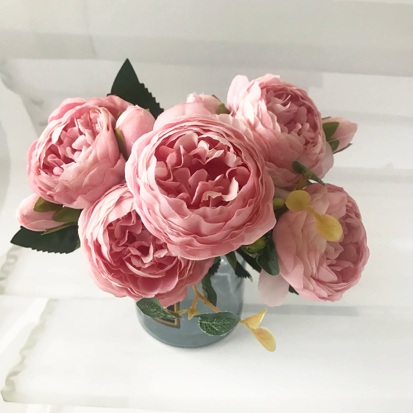 30cm Premium Rose Pink Silk Peony Bouquet (5 Big Heads & 4 Buds)