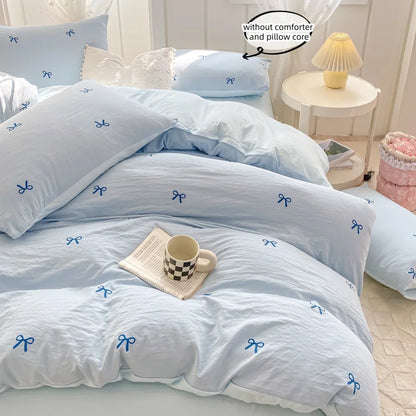 3 Piece Sheet Set  pink bowknot embroidery duvet cover Set ， comfortable Bedding Set Bedspread for All Season