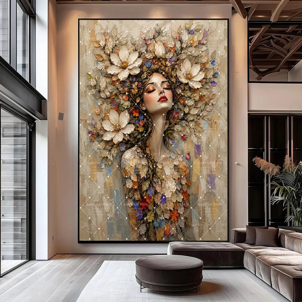 Mosaic Abstract Floral Woman Canvas Painting Wall Art Boho Woman With Flower Print Botanical Lady Tree Of Life Poster Home Deco