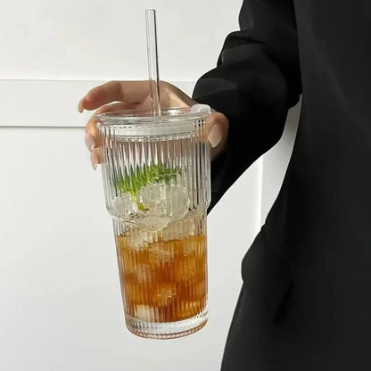 600ml Stripe Glass Cup with Lid & Straw 🥤✨