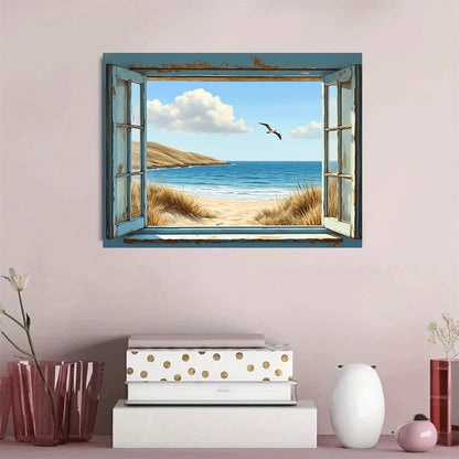 Ocean View Through Rustic Window Unframed Canvas Poster
