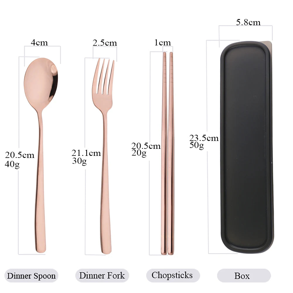 3-Piece Stainless Steel Cutlery Set with Storage Box – Portable Spoon, Fork &amp; Chopsticks